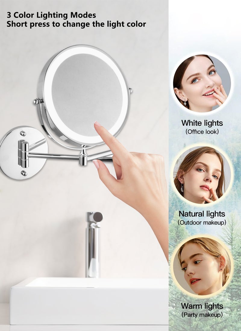 Sharpdo Wall Mounted Lighted Magnifying Mirror, 1X/10X Magnification Double-Sided LED Bathroom Mirror, 3 Color Lights & Stepless Dimming with Touch Sensor, Extendable Arm 360° Swivel  - Image 4