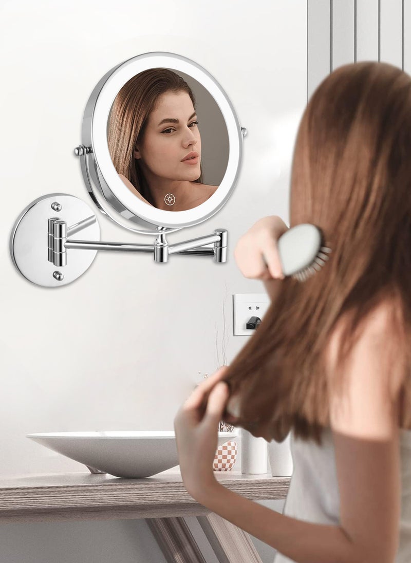 Sharpdo Wall Mounted Lighted Magnifying Mirror, 1X/10X Magnification Double-Sided LED Bathroom Mirror, 3 Color Lights & Stepless Dimming with Touch Sensor, Extendable Arm 360° Swivel  - Image 2