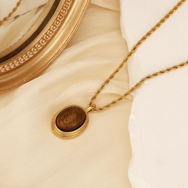 Dckazz Chunky Necklace Brown Gold Statement Necklace Vintage Tiger Eye Pendant Natural Brown Stone Pendant 14K Gold Plated Jewelry - Image 5