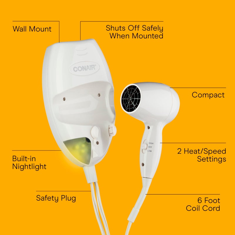 Conair Wall-Mount Hair Dryer, 1600W Blow Dryer with LED Nightlight, 2 Heat 2 Speed Settings, White - Image 2