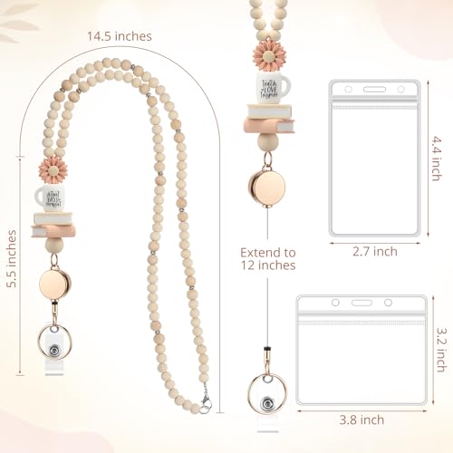 Lerheedi 4 Set Teacher Gifts Lanyard with ID Holder Wooden Silicone Beaded Retractable Lanyards for ID Card Badges Key Ring (Boho) - Image 2