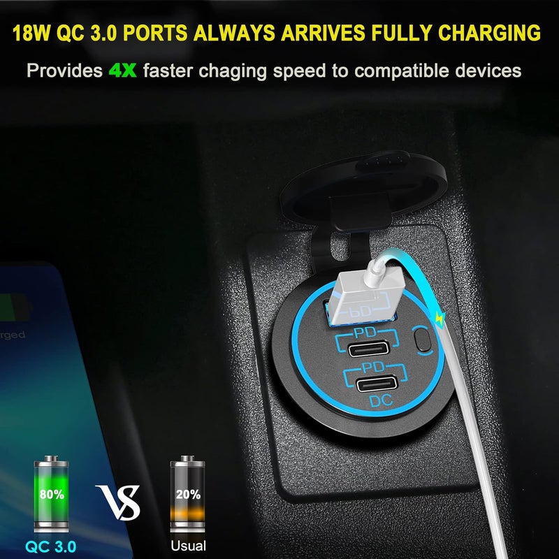 Ouffun USB C Car Charger Socket – 58W Lengthened RV USB Outlet 12V Socket Dual 20W PD3.0 USB-C and 18W QC3.0 Car USB Port with Button Power Switch for Boat Marine Motorcycle - Image 4
