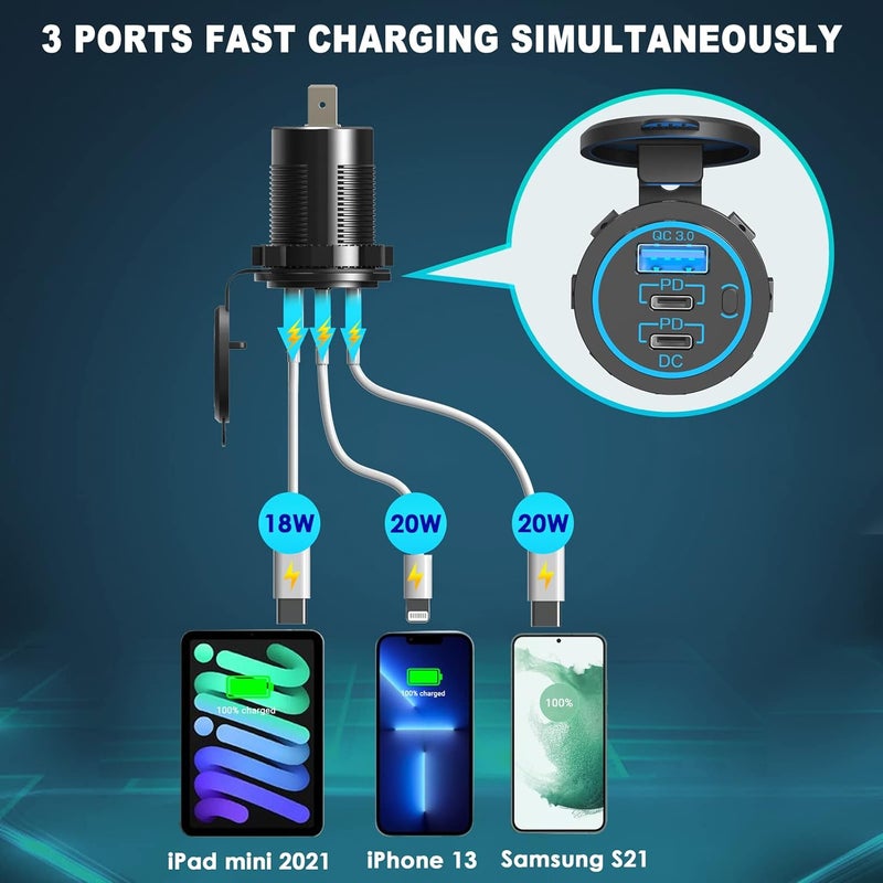 Ouffun USB C Car Charger Socket – 58W Lengthened RV USB Outlet 12V Socket Dual 20W PD3.0 USB-C and 18W QC3.0 Car USB Port with Button Power Switch for Boat Marine Motorcycle - Image 2