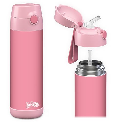 Jarlson® Kids Water Bottle CHARLI [18OZ] - Stainless Steel Thermo Bottle with Straw - Insulated, Spill Proof Waterbottle for School & Sports - Thermo Tumbler for Boys & Girls (Pink) - Image 1