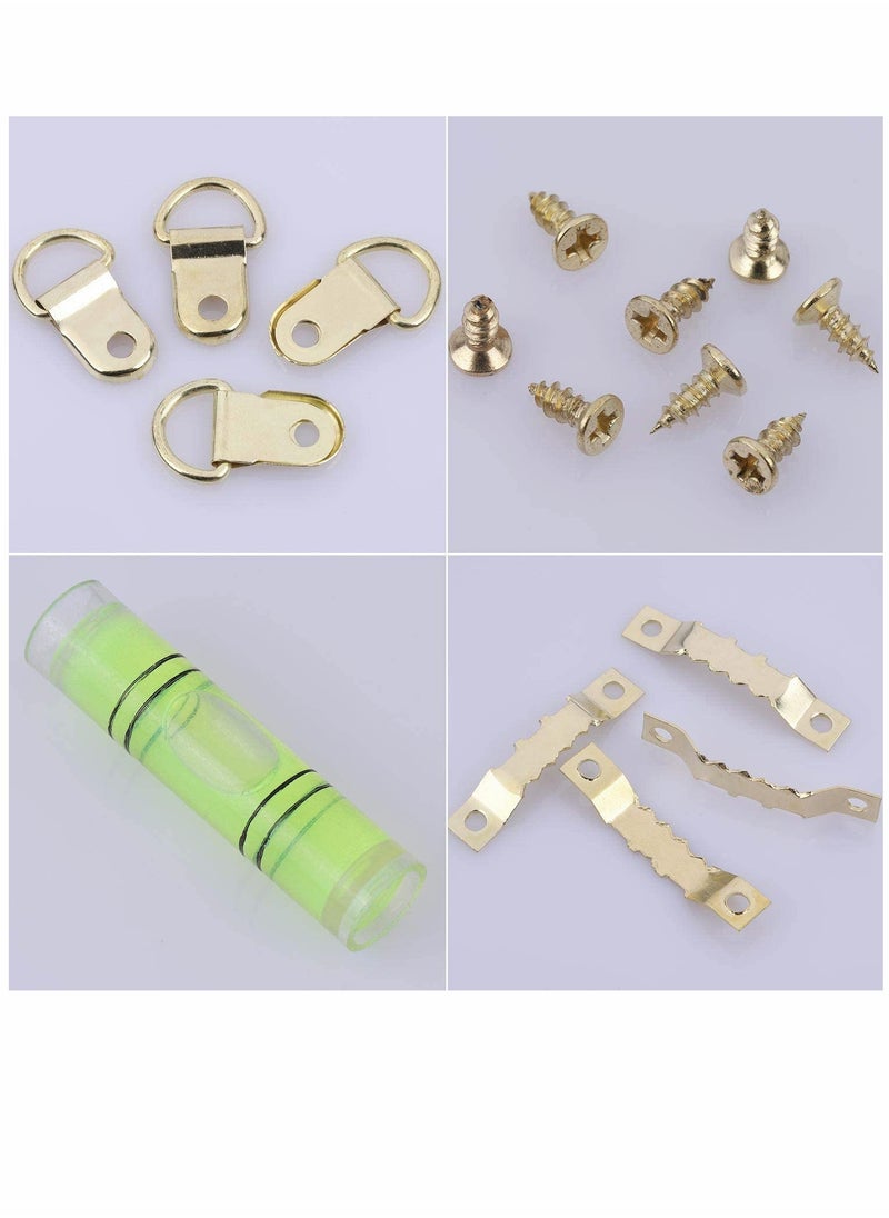 KASTWAVE - Hook Set, Box Hook, D Ring Picture Frame Hanger, Sawtooth Photo Hanging Hardware Set with Screws and Spirit Level Silver Gold, 252 psc - Image 1