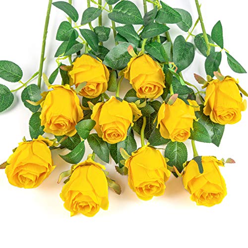 Flojery 10pcs Artificial Rose Flowers Long Stem Fake Silk Roses for DIY Wedding Bouquet Table Centerpiece Home Decor (Yellow) - Image 1
