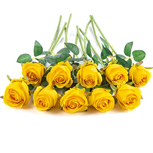 Flojery 10pcs Artificial Rose Flowers Long Stem Fake Silk Roses for DIY Wedding Bouquet Table Centerpiece Home Decor (Yellow) - Image 3