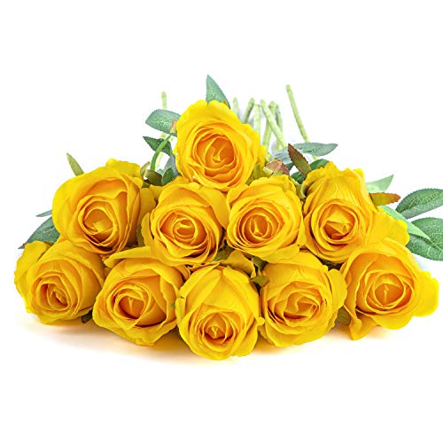 Flojery 10pcs Artificial Rose Flowers Long Stem Fake Silk Roses for DIY Wedding Bouquet Table Centerpiece Home Decor (Yellow) - Image 2
