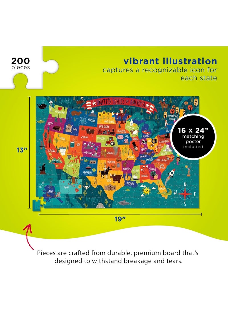 Crocodile Creek 200-Piece Jigsaw Floor Puzzle with Matching Poster - Fun Puzzles for Kids Ages 6-8 and Up - Heavy-Duty Storage Cylinder with Handle - USA Map - 19" x 13" Finished - Image 4