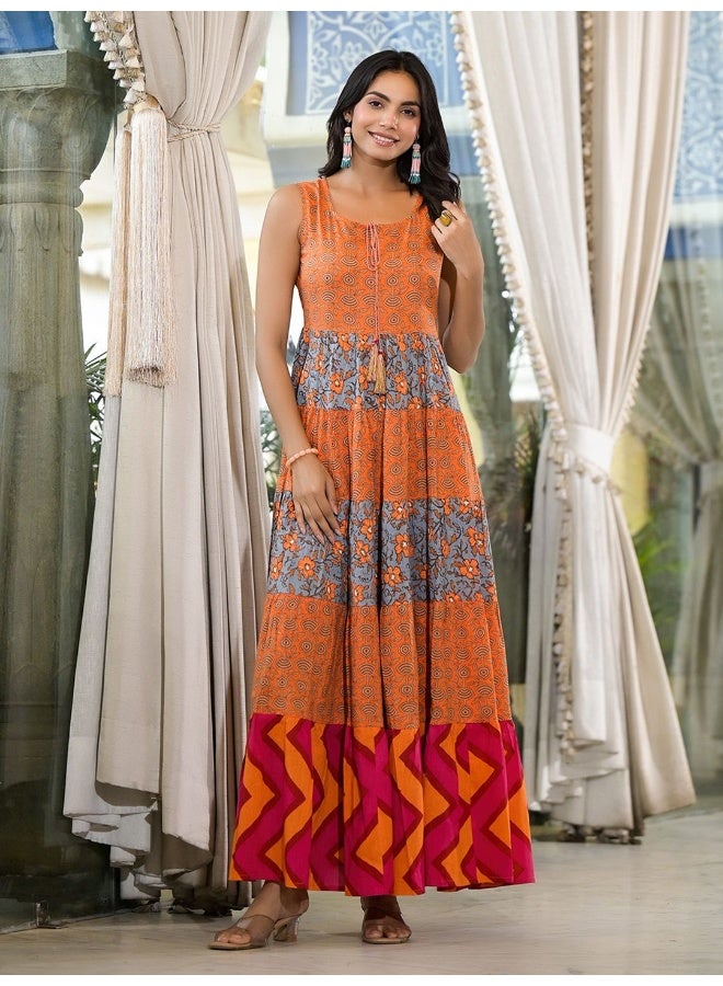 AKS Orange & Grey Floral Print Flared Maxi Dress  - Image 1