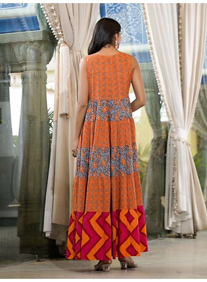 AKS Orange & Grey Floral Print Flared Maxi Dress  - Image 4