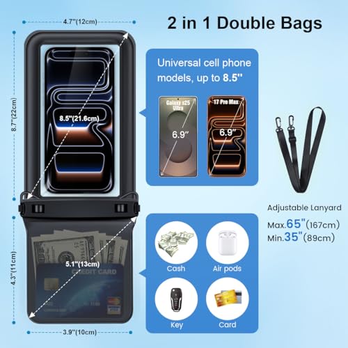 Rynapac [Up to 8.5''] Floating Waterproof Phone Pouch 2 Pack, IPX8 Double Space Waterproof Phone Case with Lanyard for iPhone 17 16 15 Pro Max, Galaxy S26 Ultra, Cellphone Dry Bag Beach Cruise Ship Essentials - Image 5