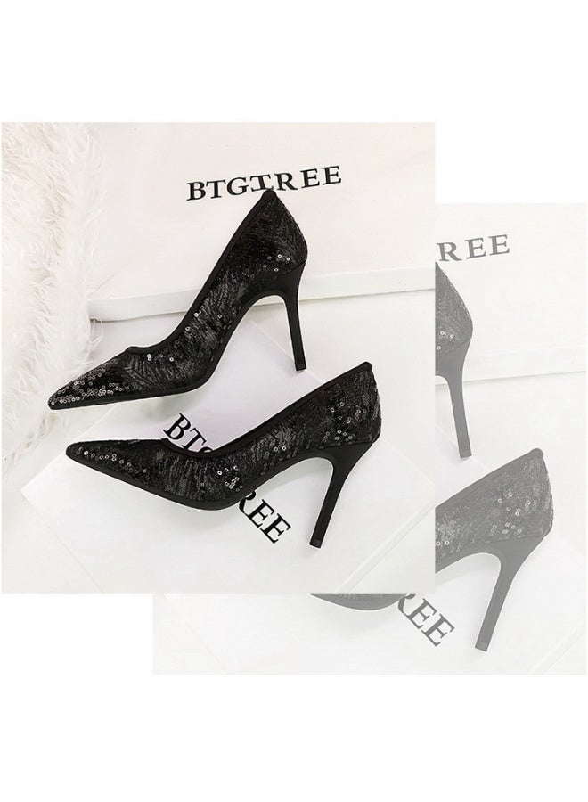 بيج تري النساء الدانتيل شبكة بائنات مضخات مغلقة أشار إصبع القدم كعب عالي الأحذية الأسود 9.5CM - Image 3