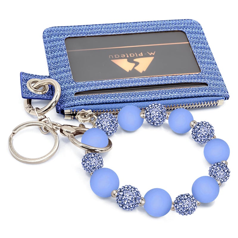 M-Plateau Wristlet Keychain With Wallet,Includ Beads Bracelets And Leather Credit Card Holder For Go Out Travel Essentials (Eyelet Blue Bead) - Image 1
