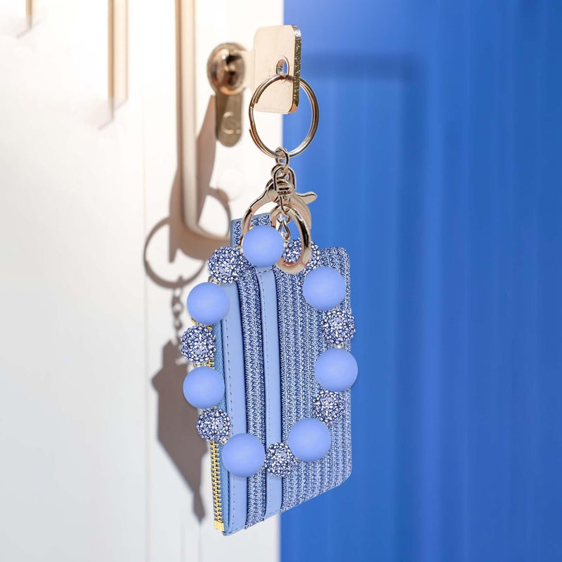 M-Plateau Wristlet Keychain With Wallet,Includ Beads Bracelets And Leather Credit Card Holder For Go Out Travel Essentials (Eyelet Blue Bead) - Image 2