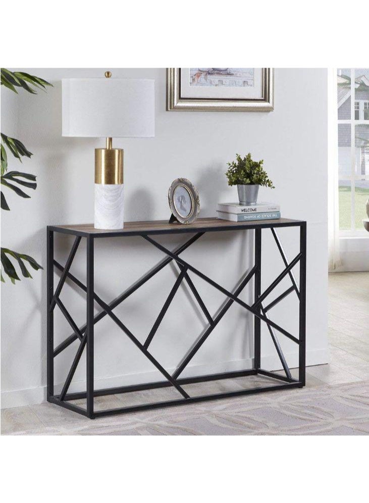 Black steel console with a wooden surface in a modern and contemporary style