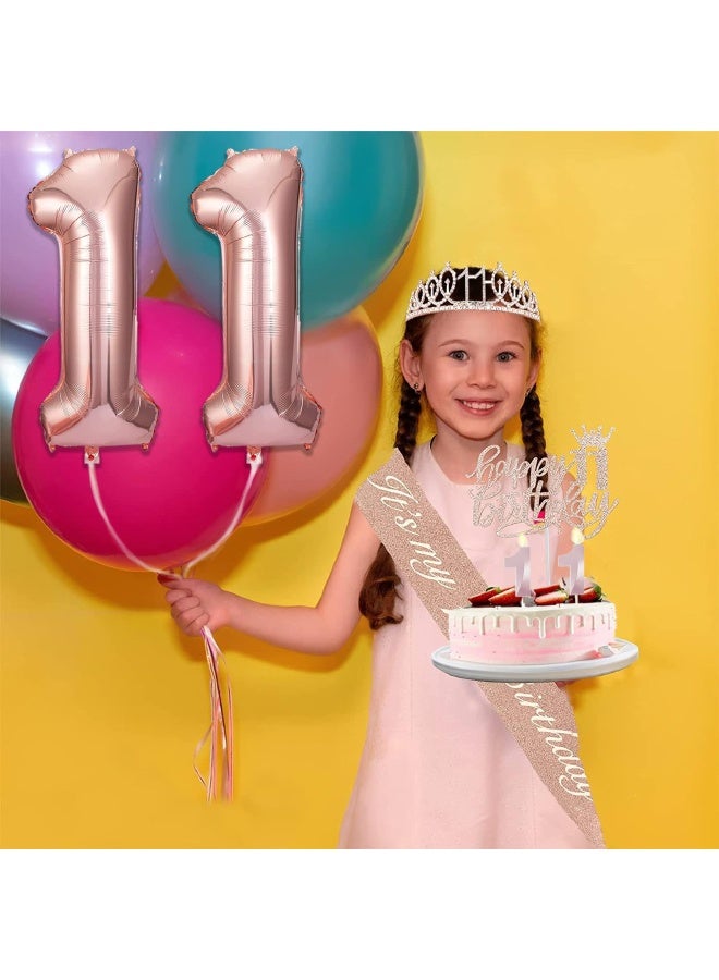 زينة عيد الميلاد الحادي عشر للفتيات، بما في ذلك غطاء كعكة عيد ميلاد لفتاة تبلغ من العمر 11 عامًا، وشاح ملكة عيد الميلاد مع دبوس من اللؤلؤ، تاج من أحجار الراين الجميلة، مجموعة شموع وبالونات مرقمة، لون ذهبي وردي - Image 5