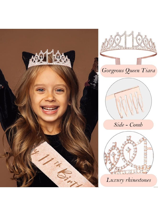 زينة عيد الميلاد الحادي عشر للفتيات، بما في ذلك غطاء كعكة عيد ميلاد لفتاة تبلغ من العمر 11 عامًا، وشاح ملكة عيد الميلاد مع دبوس من اللؤلؤ، تاج من أحجار الراين الجميلة، مجموعة شموع وبالونات مرقمة، لون ذهبي وردي - Image 3