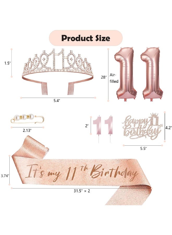 زينة عيد الميلاد الحادي عشر للفتيات، بما في ذلك غطاء كعكة عيد ميلاد لفتاة تبلغ من العمر 11 عامًا، وشاح ملكة عيد الميلاد مع دبوس من اللؤلؤ، تاج من أحجار الراين الجميلة، مجموعة شموع وبالونات مرقمة، لون ذهبي وردي - Image 2