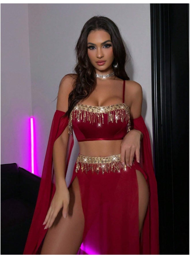 3 Piece Sparkly Tassel Chiffon Swimwear Set, Off Shoulder Sheer Sleeve Cover Up Bikini, Elegant Beach Party Outfit for Women - Image 3