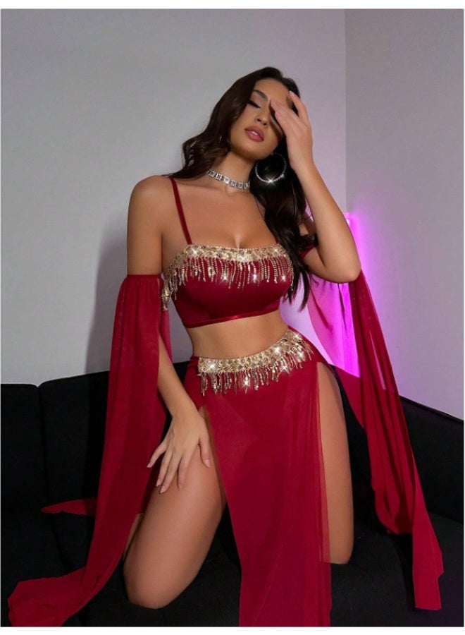 3 Piece Sparkly Tassel Chiffon Swimwear Set, Off Shoulder Sheer Sleeve Cover Up Bikini, Elegant Beach Party Outfit for Women - Image 5