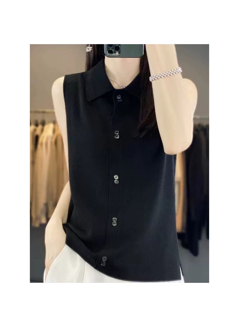 Generic - 2024 Early Spring Autumn Matching Partner Design Sensibility Imitation Wool Shirt Collar Knit Vest Versatile Sleeveless Inner Wo Gray - Image 1