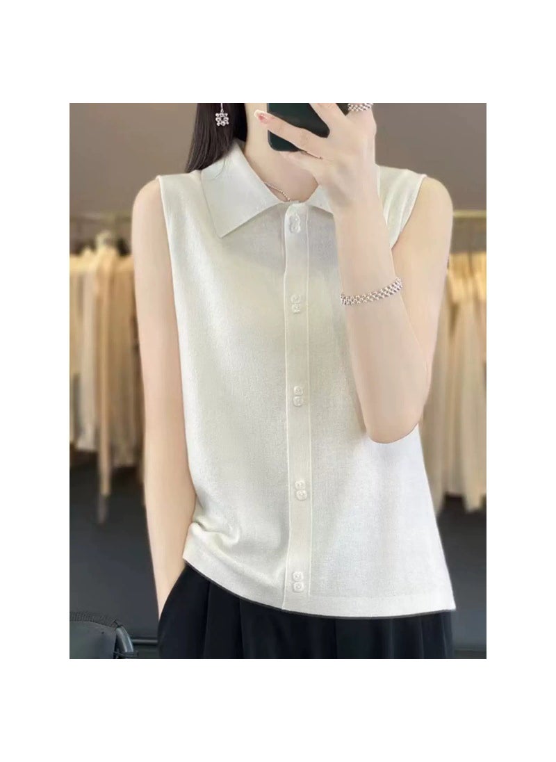 Generic - 2024 Early Spring Autumn Matching Partner Design Sensibility Imitation Wool Shirt Collar Knit Vest Versatile Sleeveless Inner Wo Gray - Image 1
