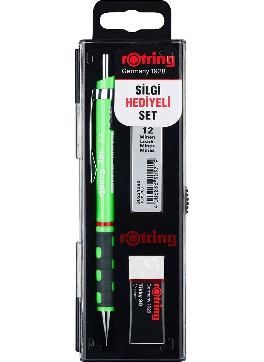 Rotring - Tikky School Set 0.5 mm Neon Green Versatile Pencil + Eraser + Nib - Image 1