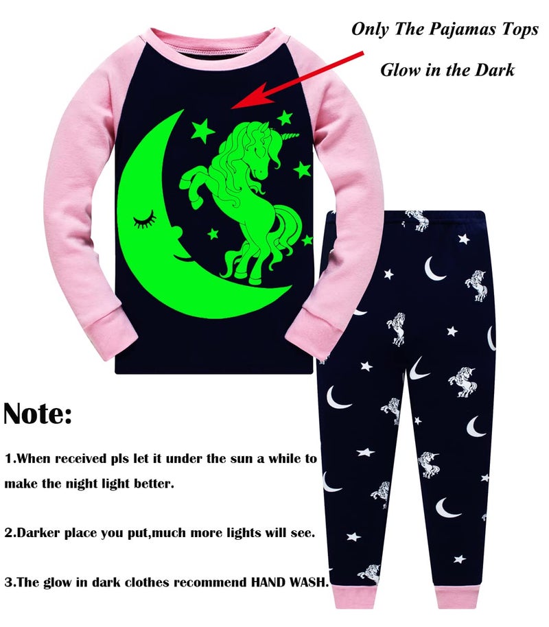 Popshion Toddler Girls Unicorn Pajamas Glow in the Dark Two Piece Long Sleeve Cotton PJs Kids Girl Unicorn Shirt Kids Sleepwear 8T - Image 2