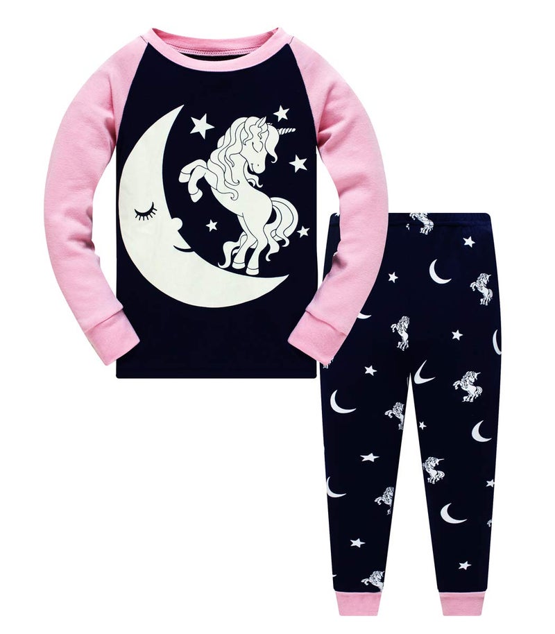 Popshion Toddler Girls Unicorn Pajamas Glow in the Dark Two Piece Long Sleeve Cotton PJs Kids Girl Unicorn Shirt Kids Sleepwear 8T - Image 1