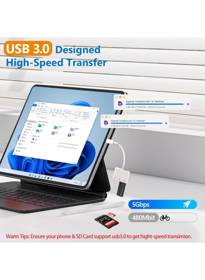 USB C SD Card Reader, SD Card Reader for iPhone 15 16 iPad/Mac/Android Devices, 3 in 1 Memory Card Reader with SD/MicroSD u0026 USB Port, Plug and Play - Image 4