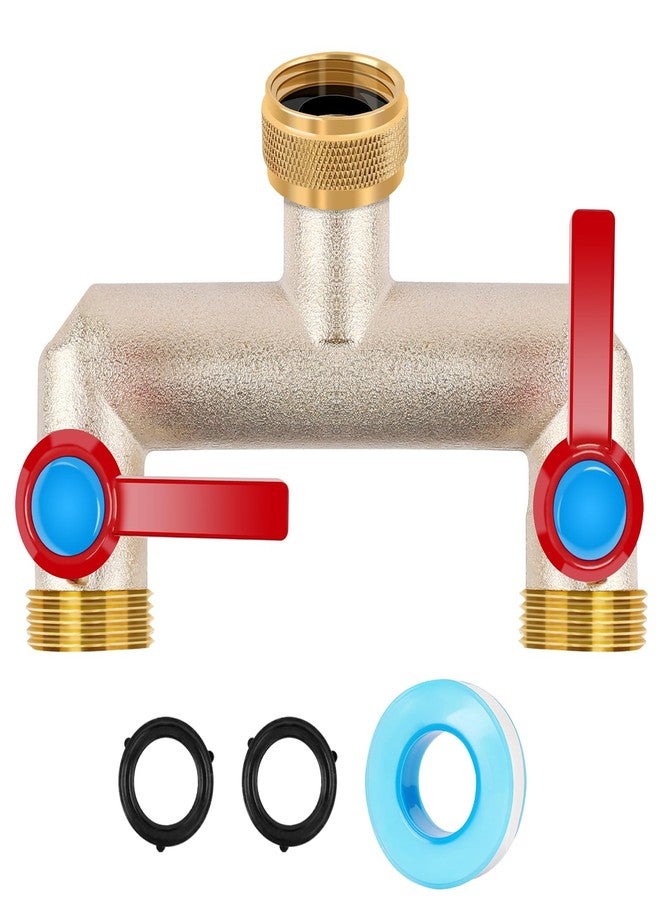 UQM Brass Garden Hose Splitter, 3/4" Hose Splitter 2 Way Heavy Duty with Extension Handles, Outdoor Faucet Splitter Water Spigot Splitter with Individual On/Off Valve (2 Way Hose Splitter) - Image 1