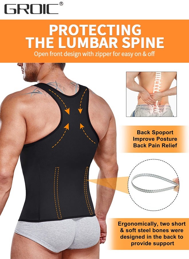 GROIC Men's Waist Trainer Sauna Vest Waist Trainer Zipper Neoprene Sauna Suit Tank Top, Weight Loss Body Shaper Sweat Vest  with 3 Rows of Hooks and Zipper, Sauna Workout Trainer Vest, 2XL - Image 2