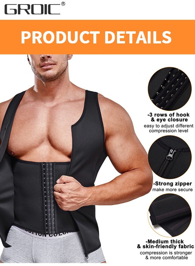 GROIC Men's Waist Trainer Sauna Vest Waist Trainer Zipper Neoprene Sauna Suit Tank Top, Weight Loss Body Shaper Sweat Vest  with 3 Rows of Hooks and Zipper, Sauna Workout Trainer Vest, 2XL - Image 3