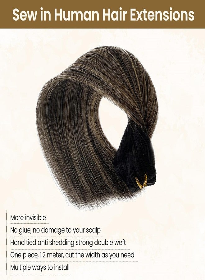 Benafee Hand Tied Remy Weft Hair Extensions, Human Hair Sew in Balayage Ombre Black to Caramel Blonde 12 Inch - Image 5