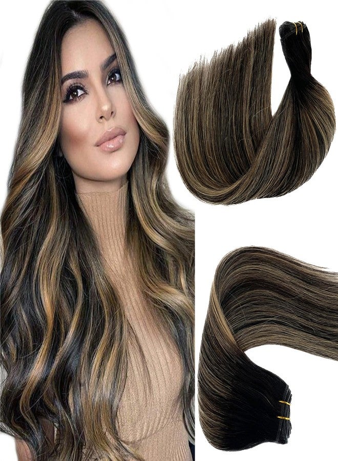 Benafee Hand Tied Remy Weft Hair Extensions, Human Hair Sew in Balayage Ombre Black to Caramel Blonde 12 Inch - Image 1