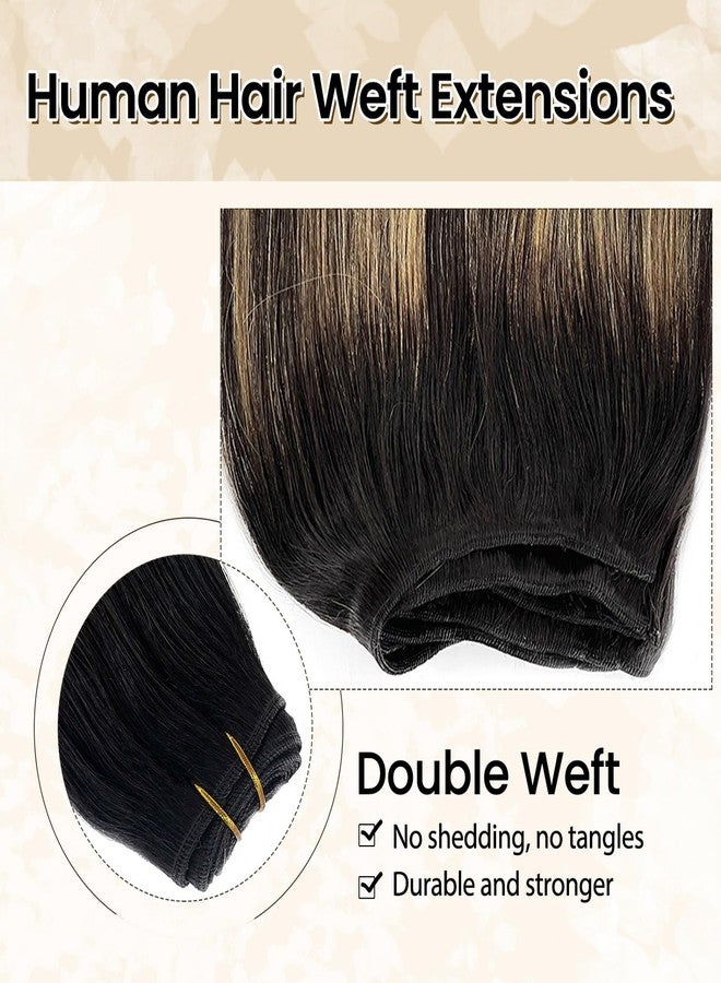 Benafee Hand Tied Remy Weft Hair Extensions, Human Hair Sew in Balayage Ombre Black to Caramel Blonde 12 Inch - Image 3