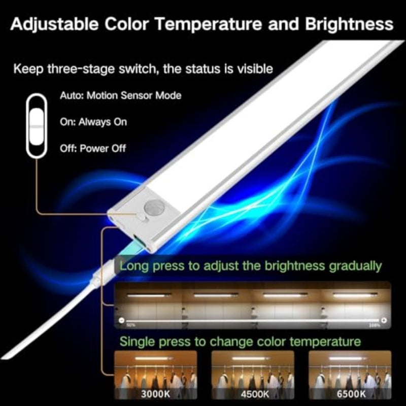 Motion Sensor Under Cabinet Lighting-Magnetic Rechargeable Closet Lights for Kitchen, Stairs, Wardrobe 3-Color Dimmable LED Under Counter Lighting Pro Battery Upgrade - Image 4