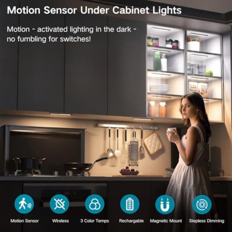 Motion Sensor Under Cabinet Lighting-Magnetic Rechargeable Closet Lights for Kitchen, Stairs, Wardrobe 3-Color Dimmable LED Under Counter Lighting Pro Battery Upgrade - Image 2