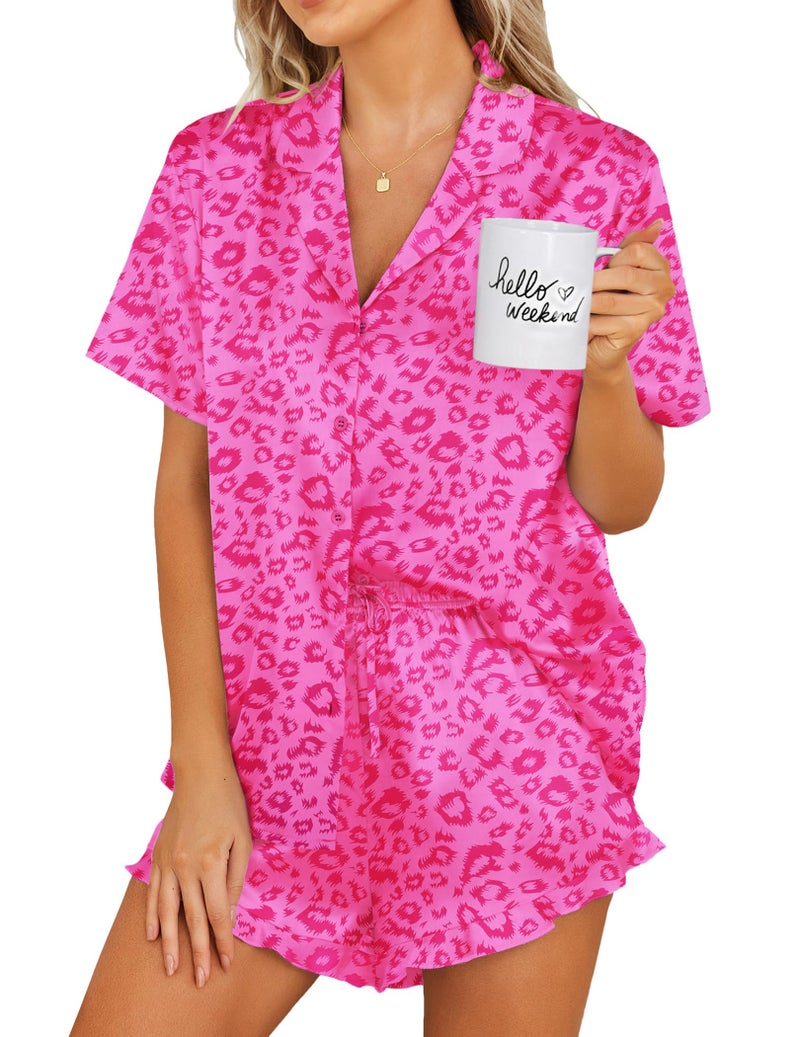 Ekouaer Silk Pajamas Womens Short Sleeve Sleepwear 2 Piece Satin Pjs Shorts Set Button Down Loungewear Hot Pink L - Image 1