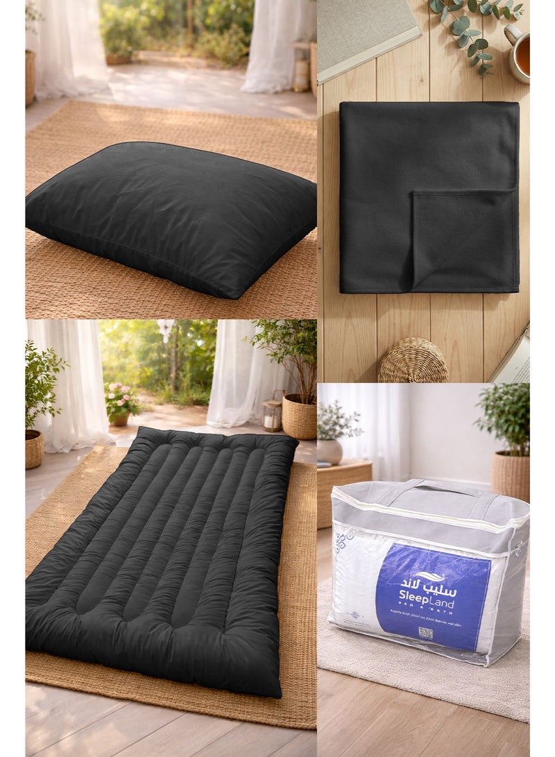 سليب لاند بكج الضيوف والرحلات لون أسود طراحة مع بطانية ومخدة وشنطة تخزين - Image 5