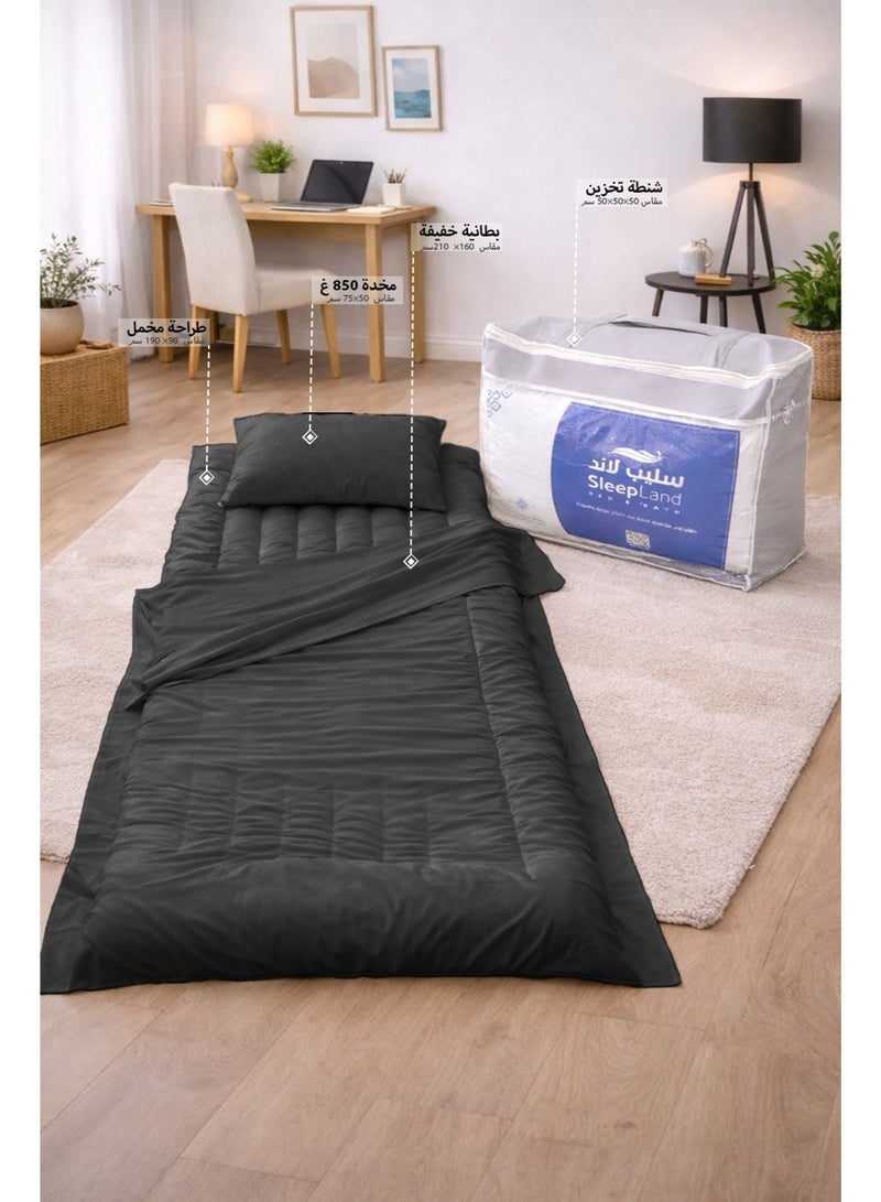 سليب لاند بكج الضيوف والرحلات لون أسود طراحة مع بطانية ومخدة وشنطة تخزين - Image 1