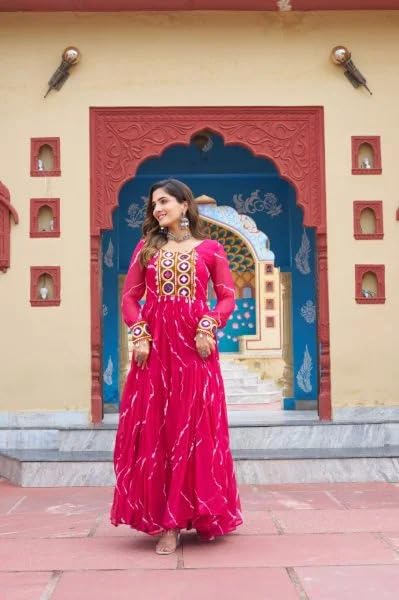 KD Women's Georgette Anarkali Kurta Set, Long Sleeve, Laheriya Floral Print Design with Kutchi Miror Patchwork Real Mirror Work Anarkali kurta Pant set, Calf Length (IN, Alpha, XL, Pink) - Image 2