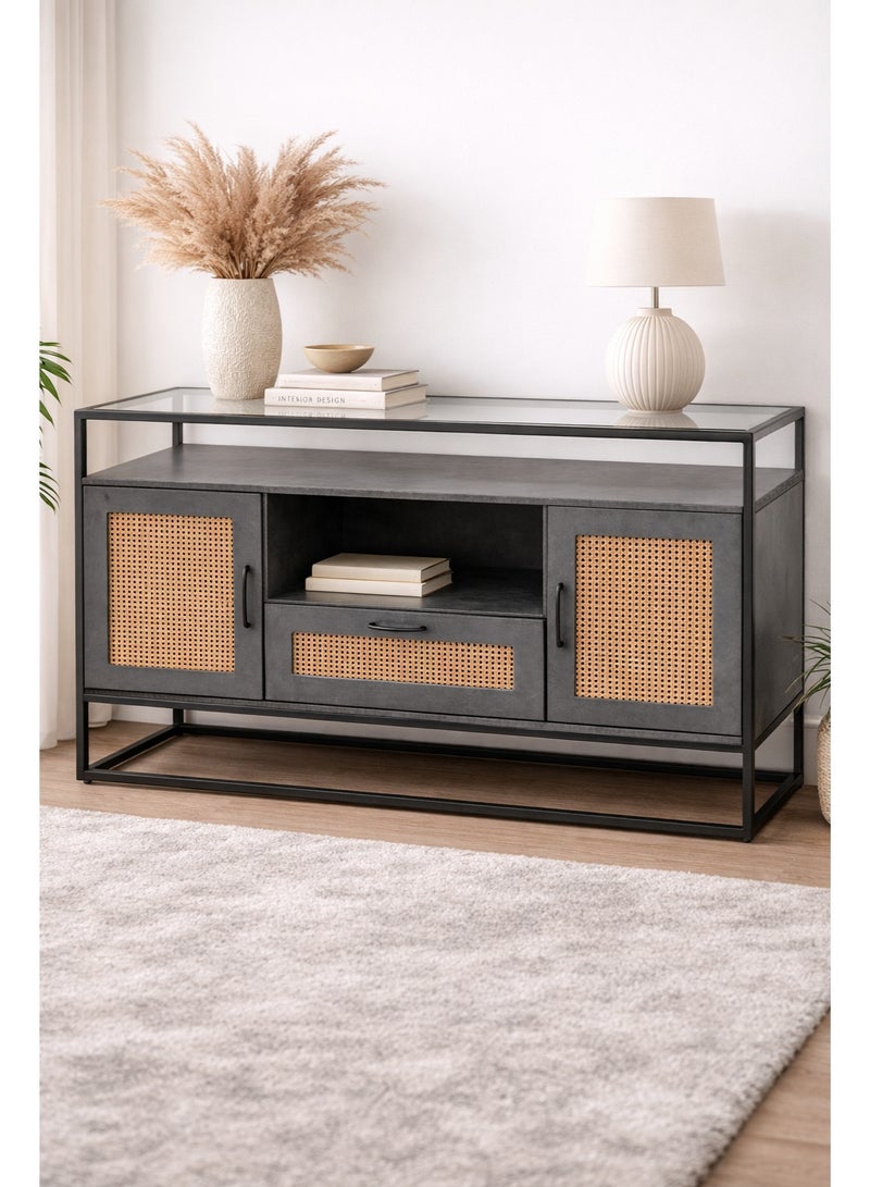 أيام البركة خزانة بوفيه خشبية عصرية 160×40×80 سم بأبواب راتان ودرج تخزين – سايد بورد رمادي داكن لغرفة المعيشة - Image 1