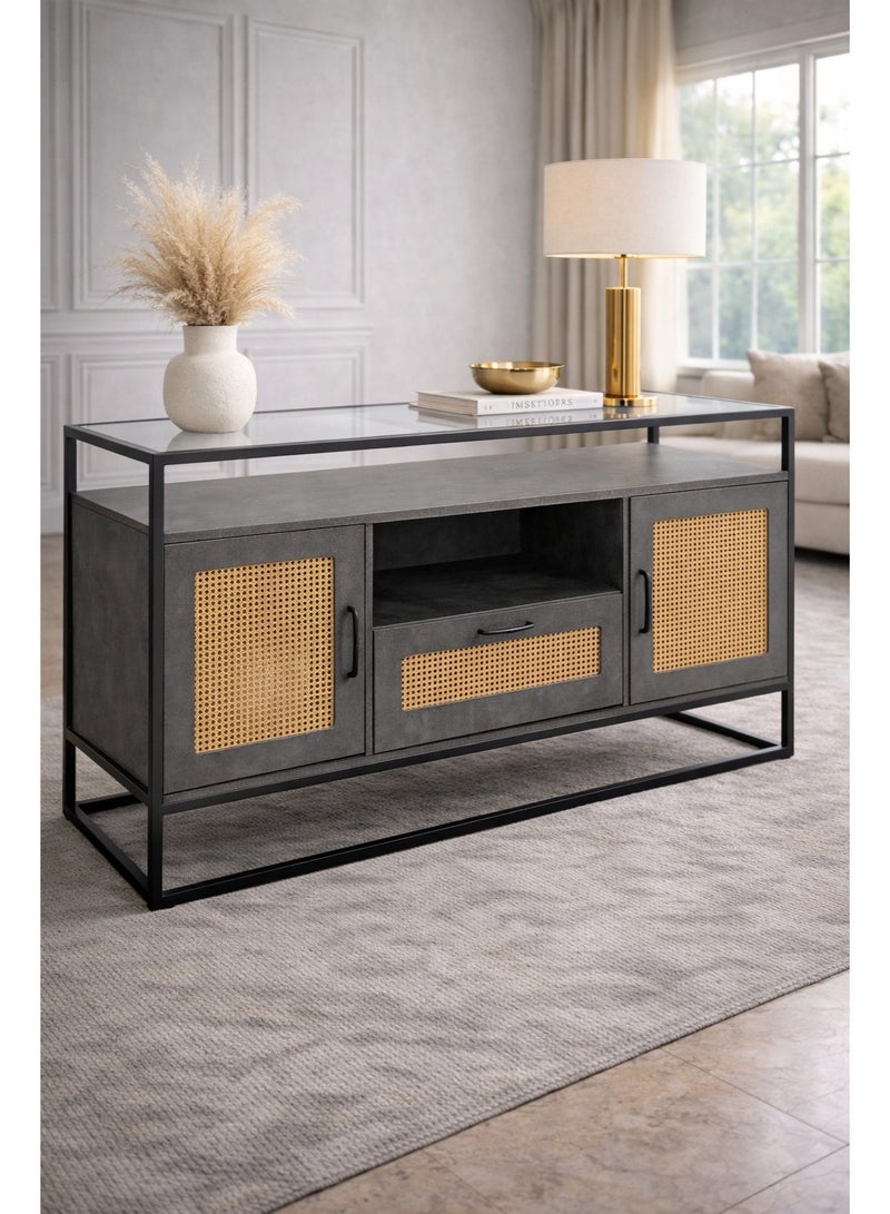 أيام البركة خزانة بوفيه خشبية عصرية 160×40×80 سم بأبواب راتان ودرج تخزين – سايد بورد رمادي داكن لغرفة المعيشة - Image 3