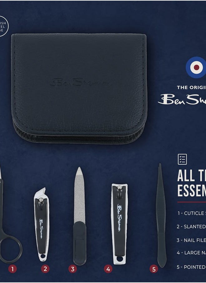 Ben Sherman Nail Clippers for Men Travel Size Nail Clipper Set, 5 Pcs Mens Nail Grooming Kit Includes Nail Clippers, Scissors, Tweezers and Leather Traveling Case  - Image 2