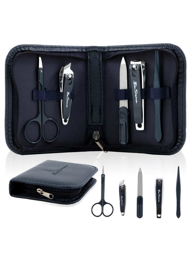 Ben Sherman Nail Clippers for Men Travel Size Nail Clipper Set, 5 Pcs Mens Nail Grooming Kit Includes Nail Clippers, Scissors, Tweezers and Leather Traveling Case  - Image 1