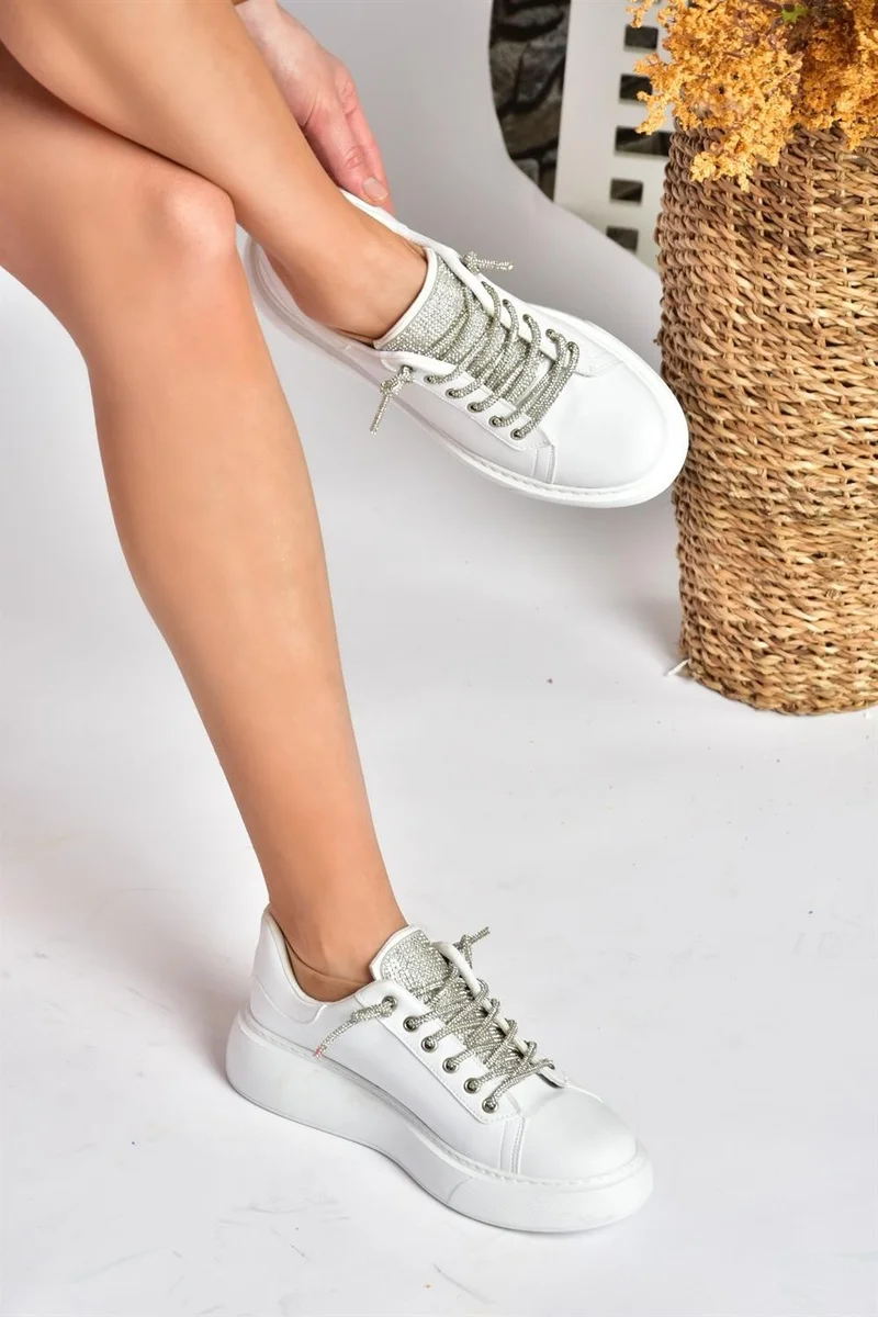 Fox Shoes P602001709 White Stone Lace-Up Women's Sports Shoes Sneakers