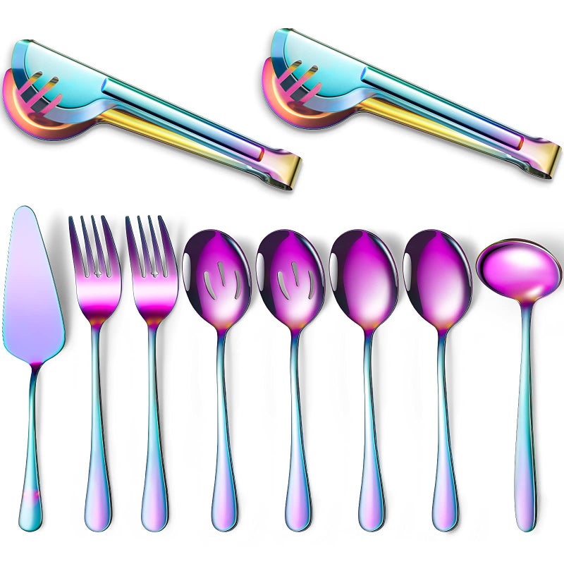 Patelai Patelai Serving Utensils Set Include Large Spoons Slotted Spoons Forks Tongs Soup Ladle and Pie Server Buffet Catering for Dishwasher SafeRainbow10 Pieces