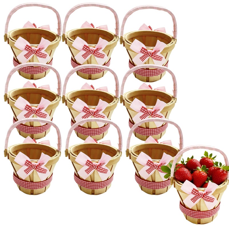 MEYAGO 10 Pcs Mini Wooden Apple Baskets Bulk 4 x 5.1 Inch Bushel Baskets with Handle for Gifts, Farmers Market, Fall Picnic, Garden Picking, Fruit Strawberry Flowers Crafts, Home Wedding Party Decor - Image 1